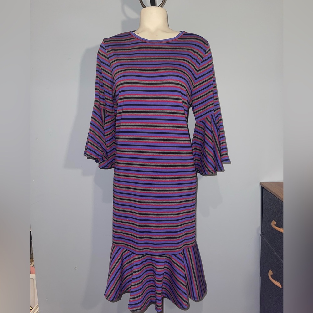 LulaRoe Maurine purple Striped Flare Sleeve Dress ruffles woman’s size large